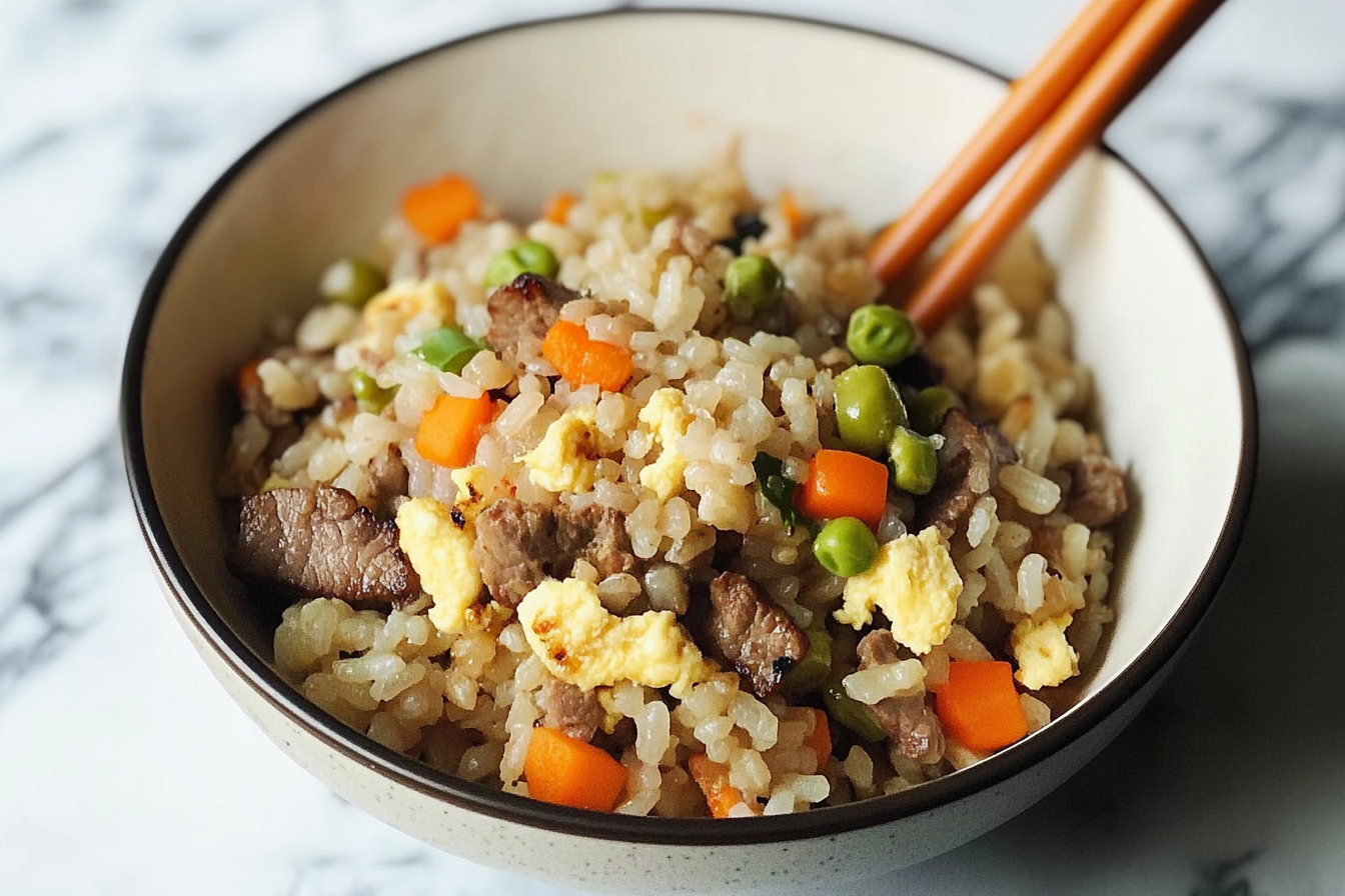 Arroz frito com carne de vaca