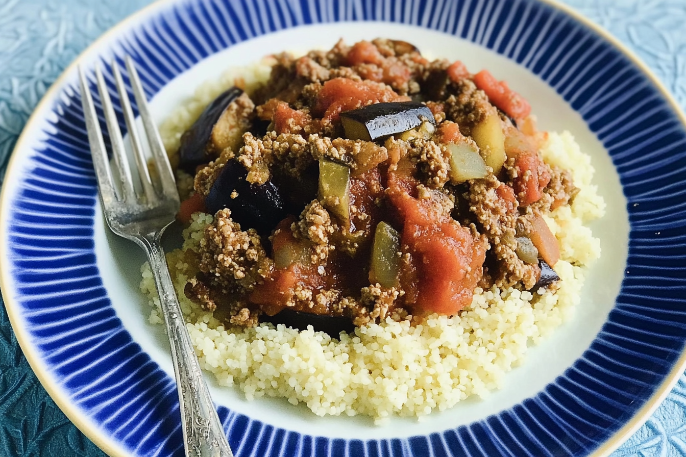 Carne picada com berenjenas e cuscús