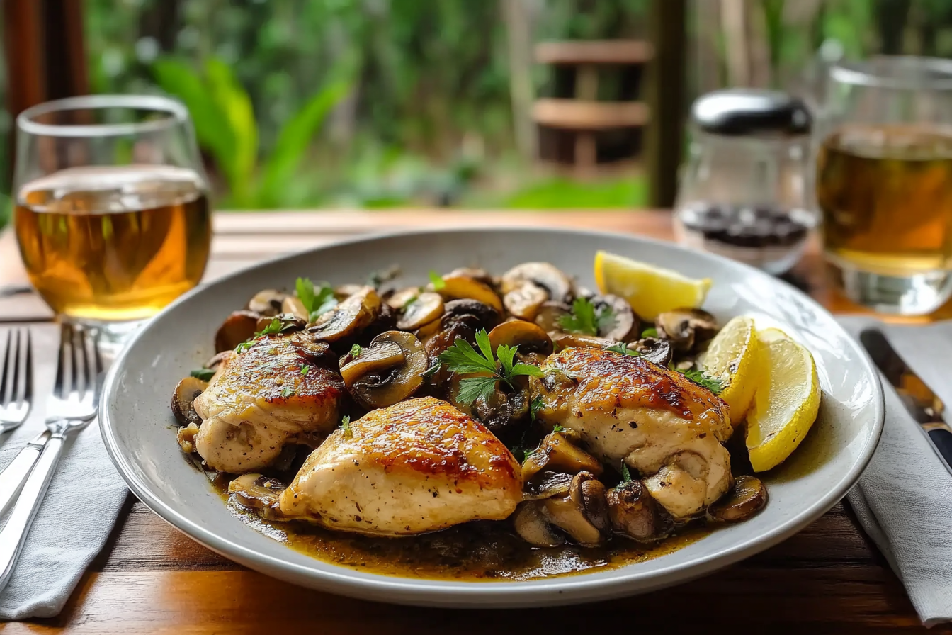 Frango na frigideira com cogumelos