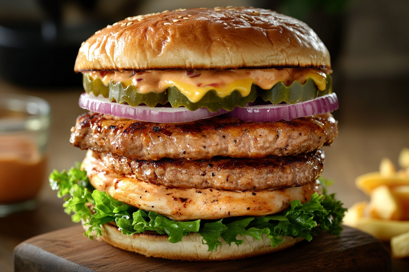 Hamburguer Empilhado de Carne e Frango