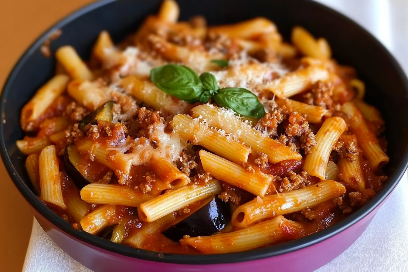 Macarrones con berenjenas y carne