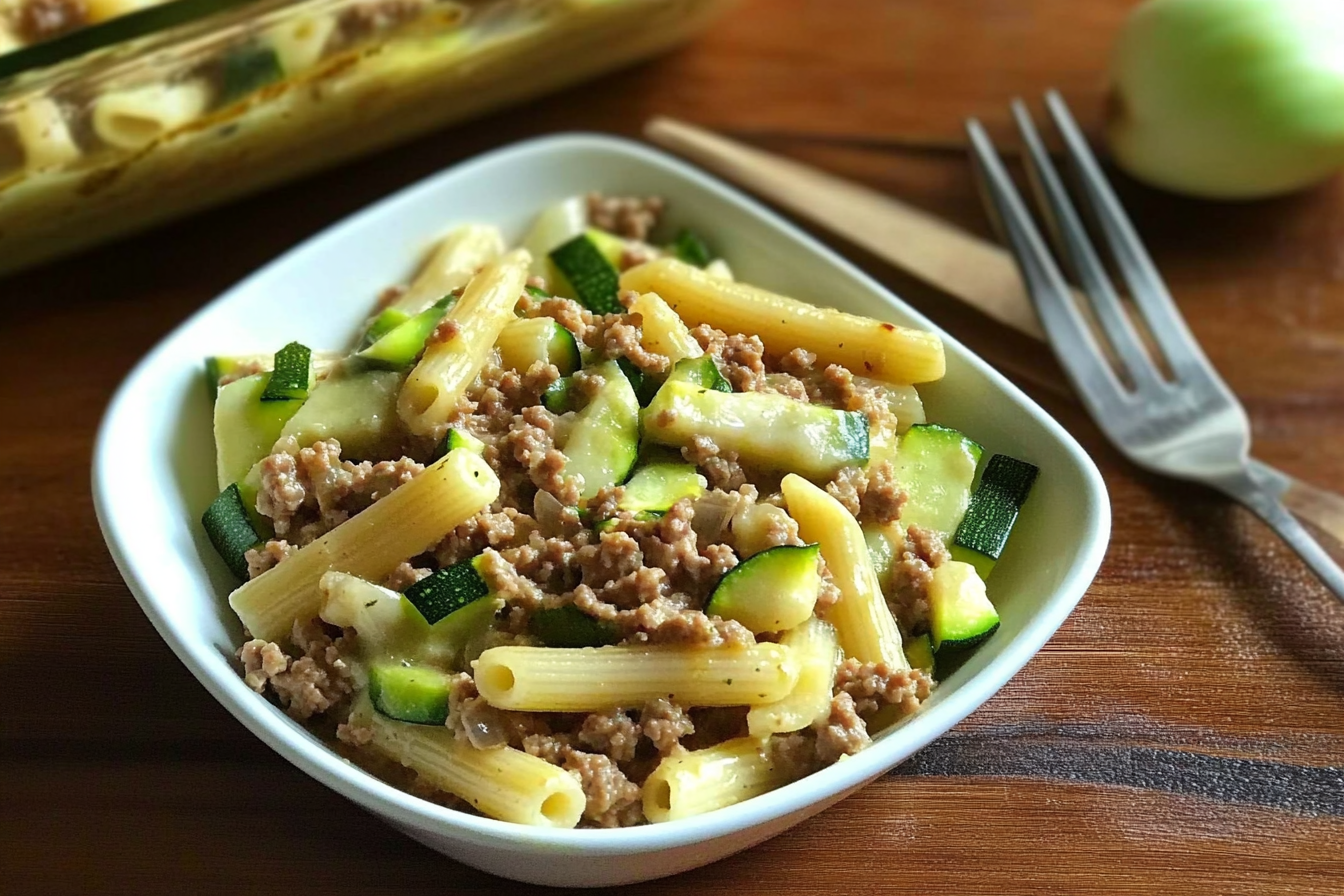 Macarrones con calabacín y carne
