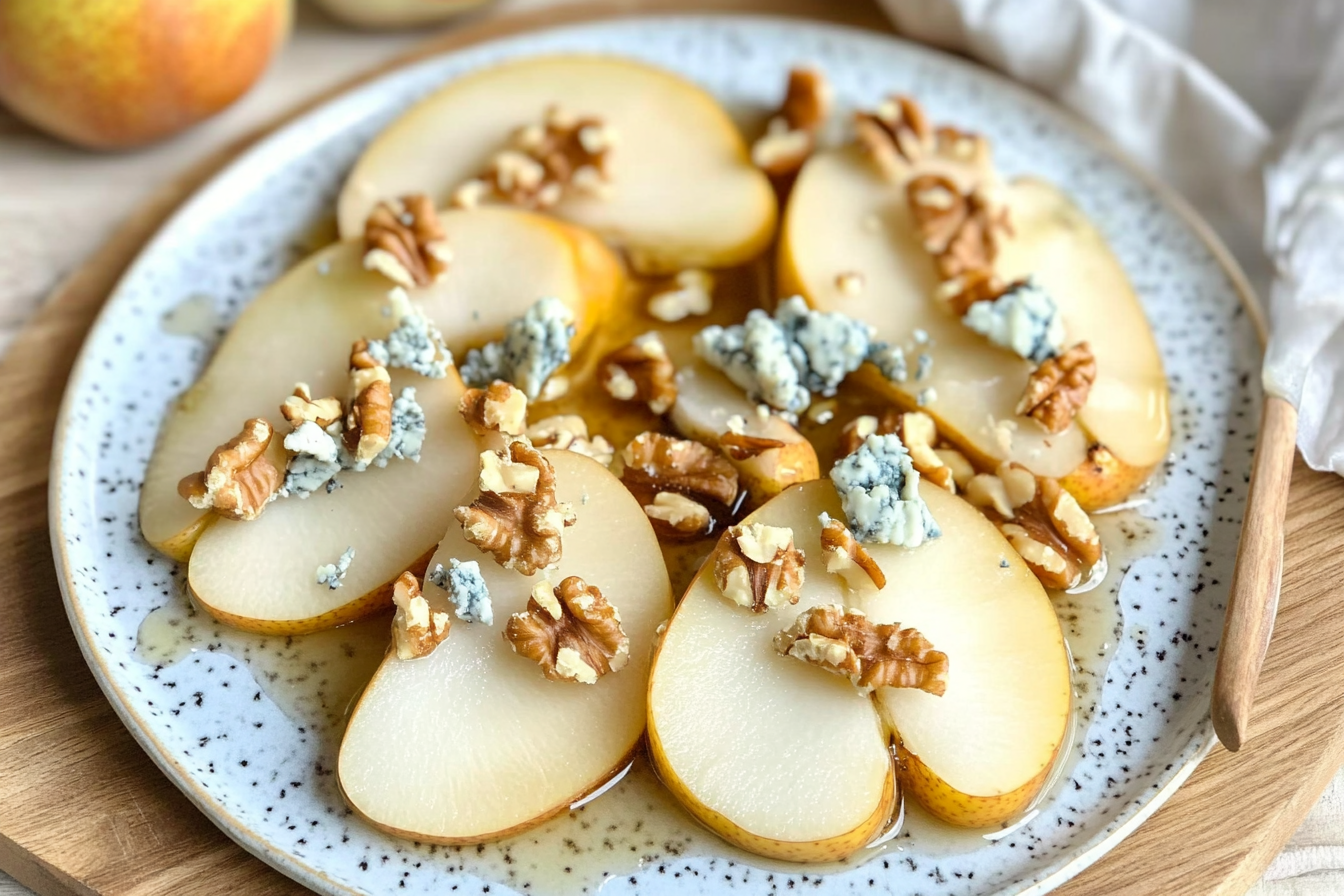 Peras com queijo azul e mel