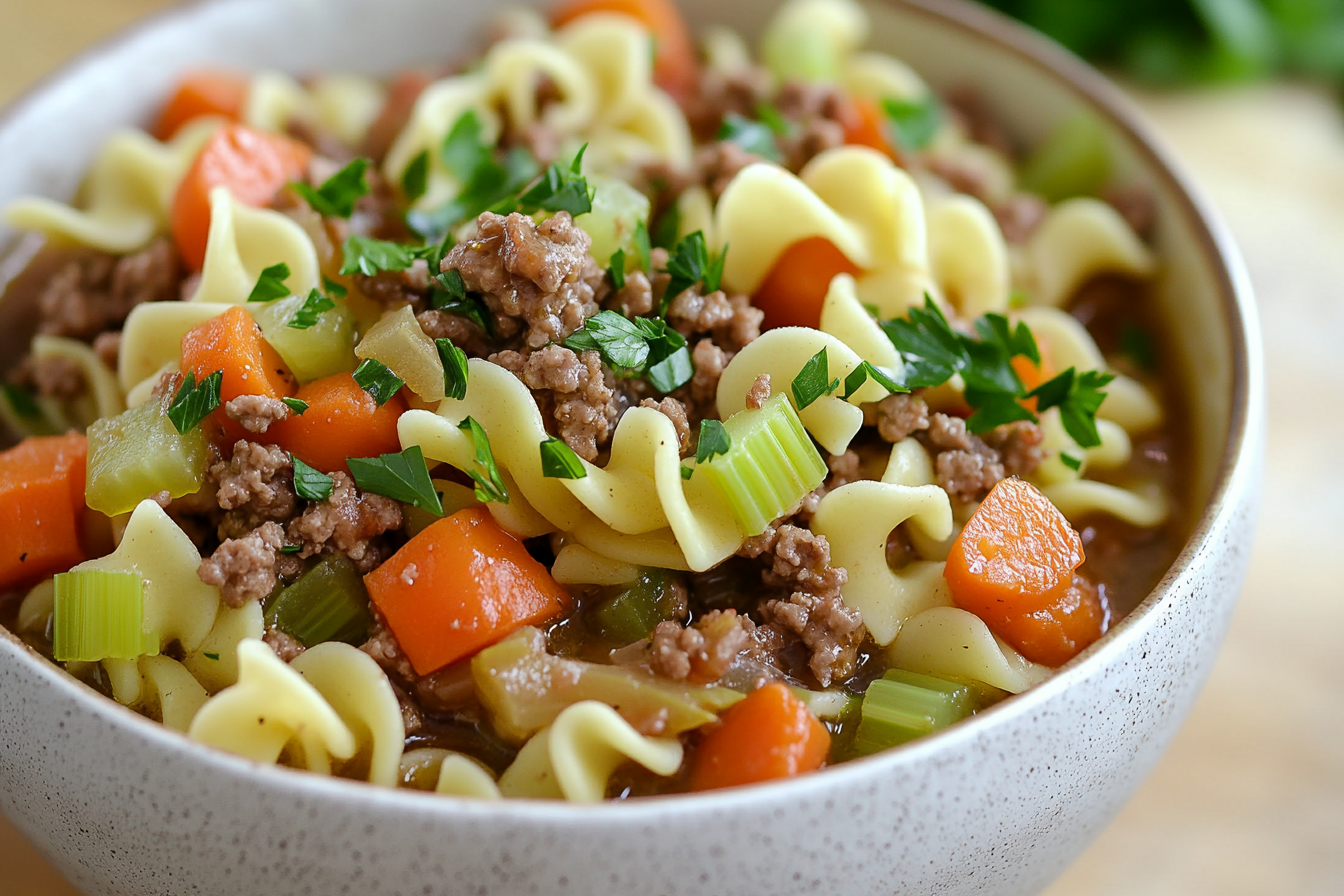 Sopa de Macarrão com Hambúrguer