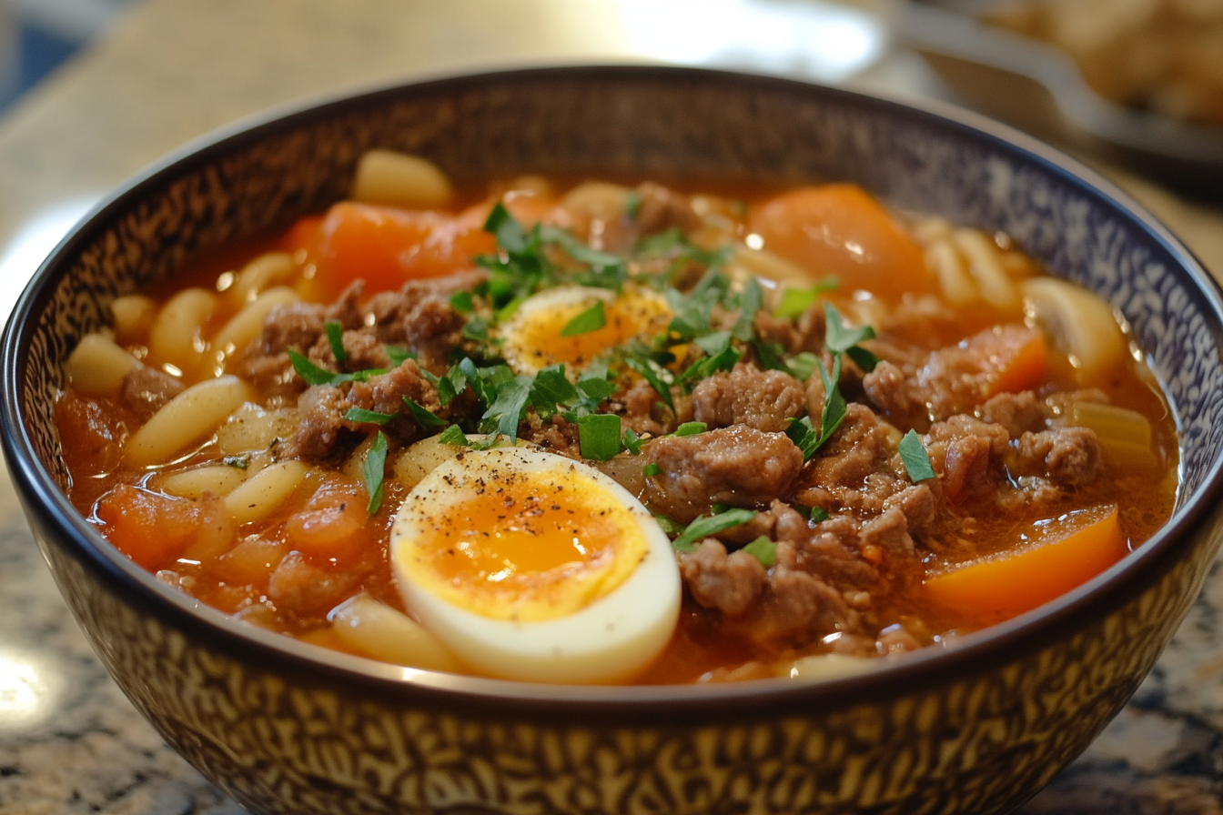 Sopa de macarrão com tomate e carne
