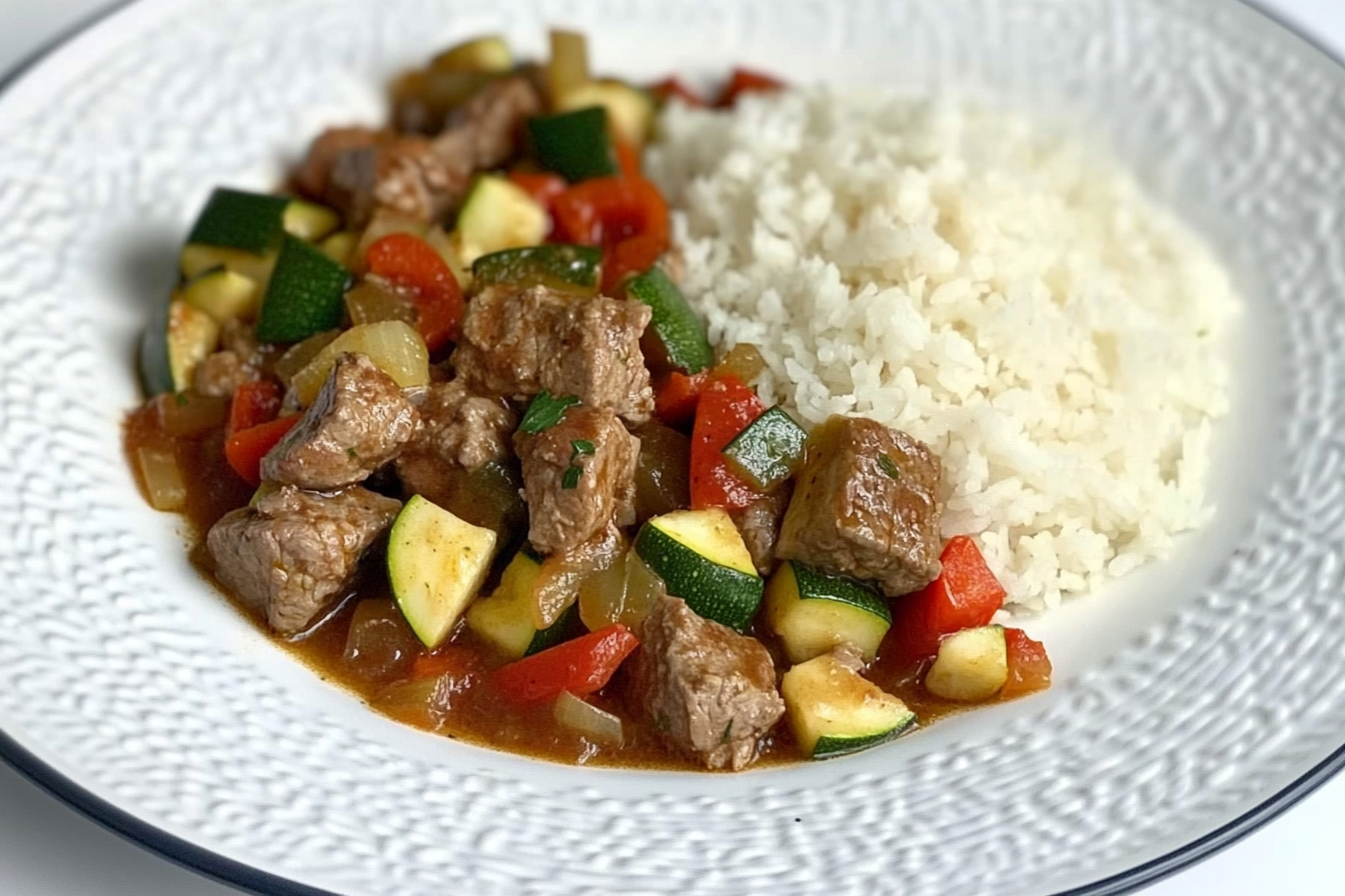 Ternera con calabacín y pimientos