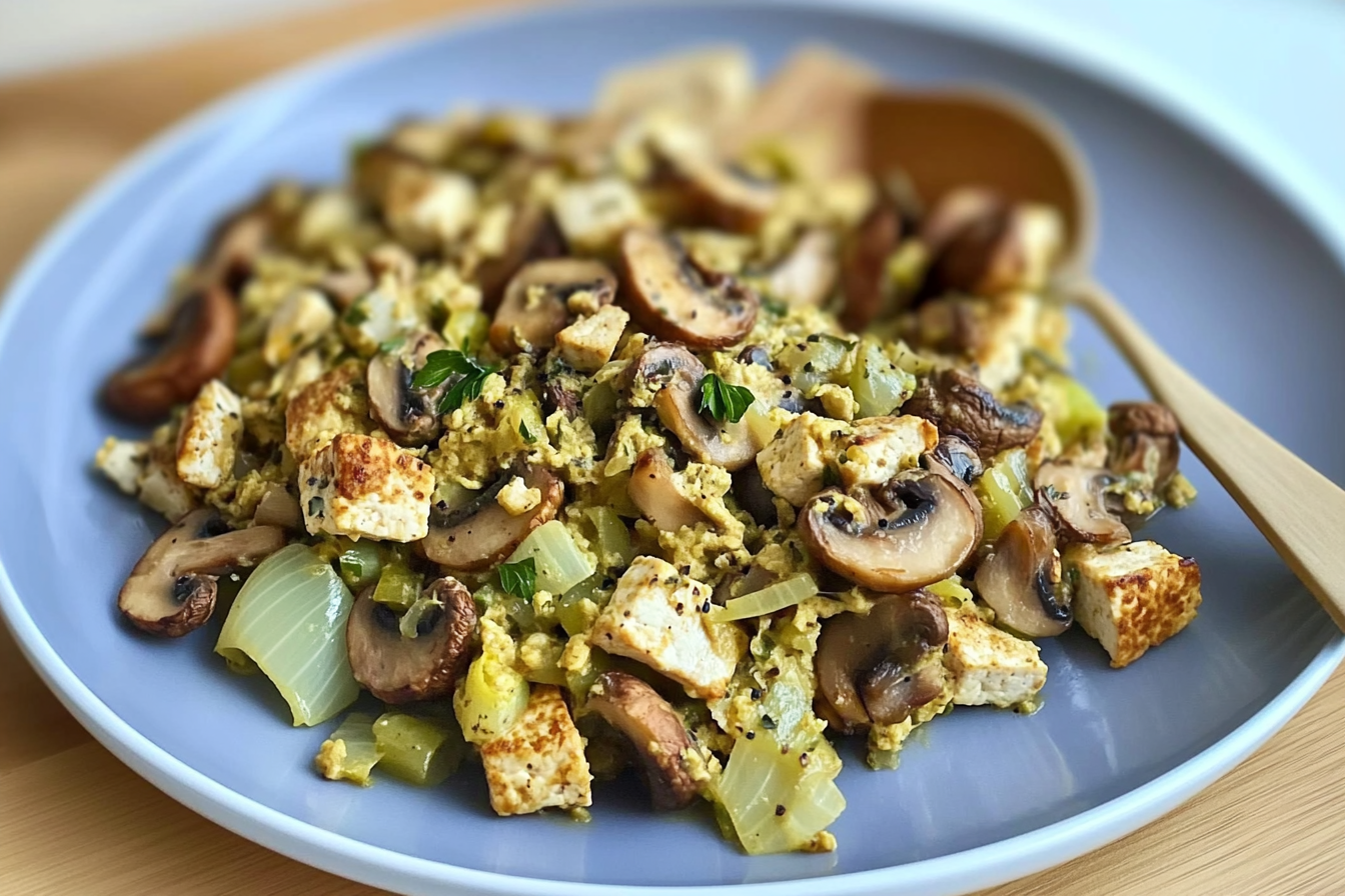 Tofu mexido com champignons e alho-poró