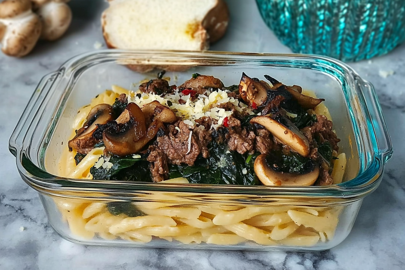 Massa com carne, espinafre e cogumelos