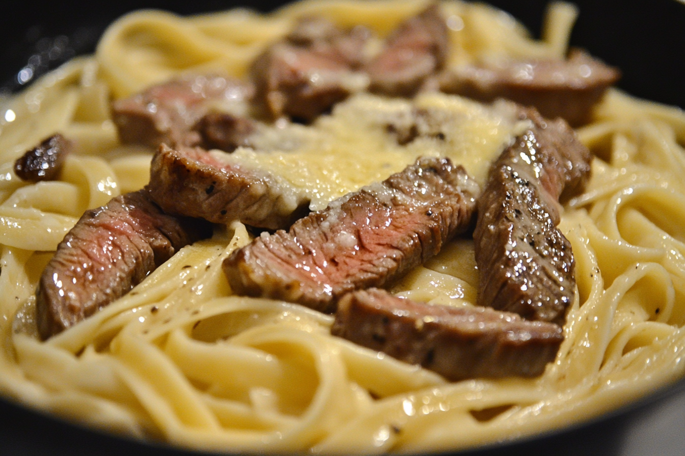 Massa cremosa com bife de alho