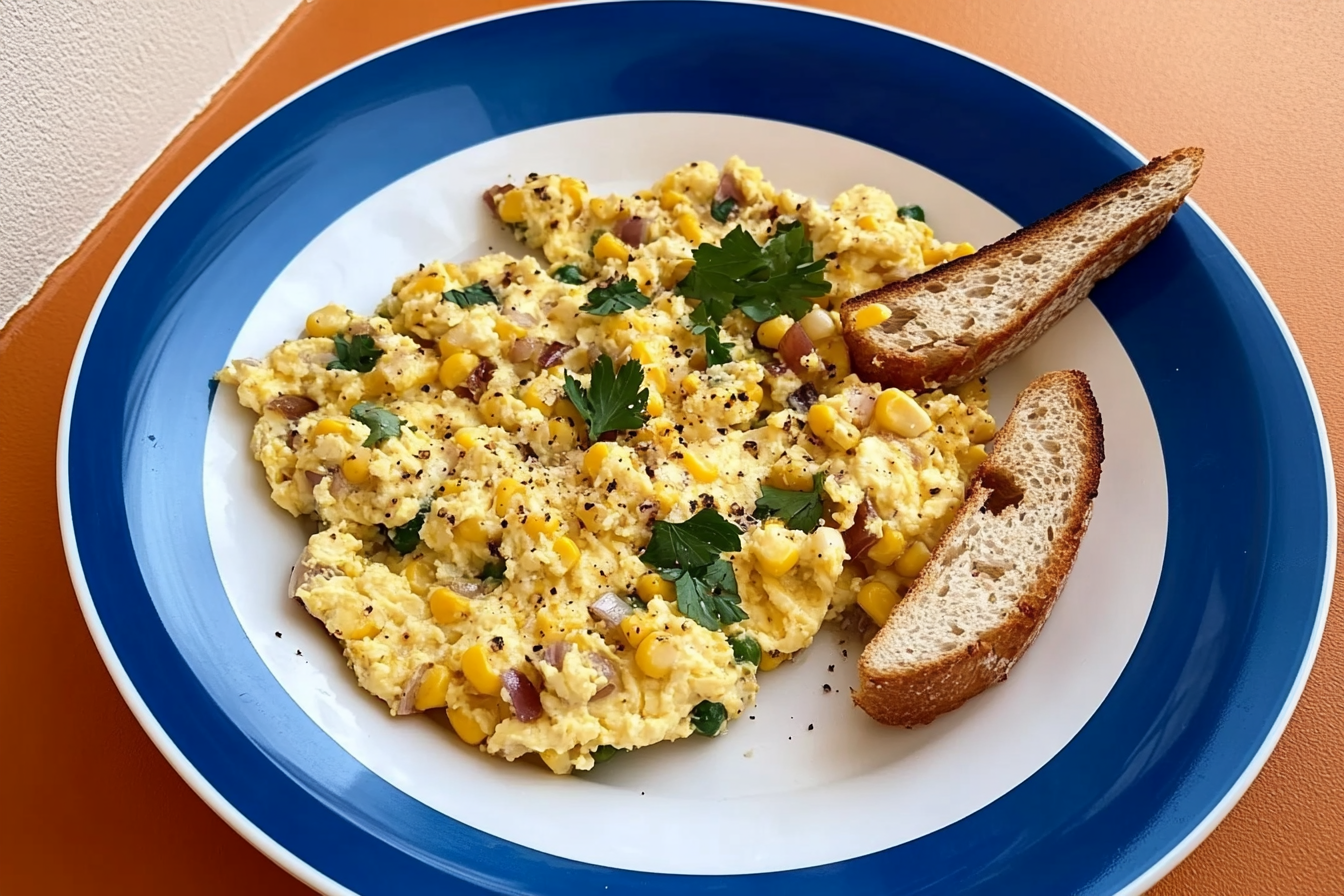 Ovos mexidos com cebola e milho