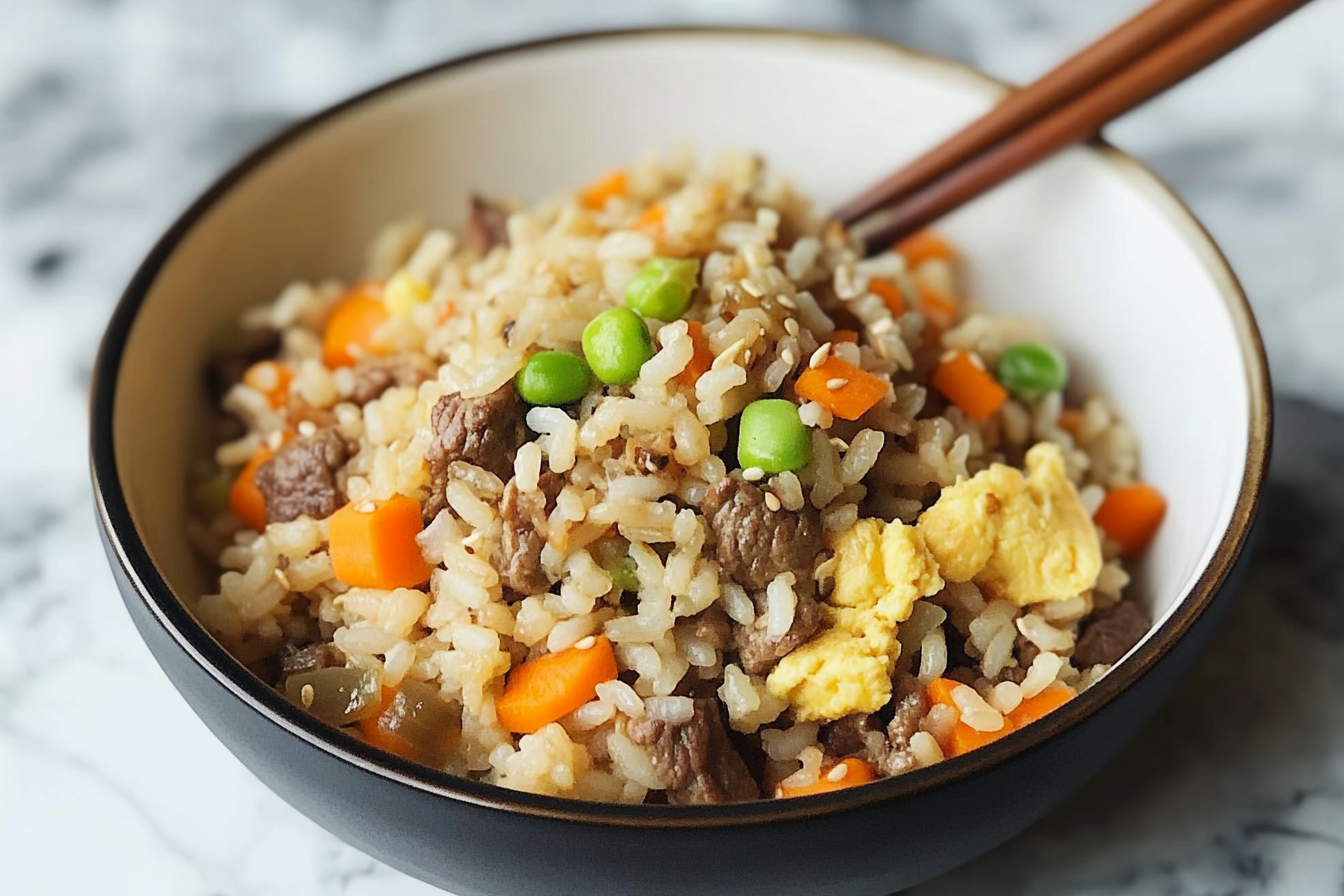 Arroz frito com carne de vaca