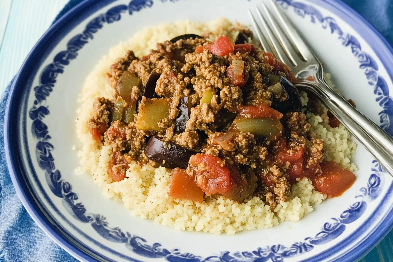 Carne picada com berenjenas e cuscús
