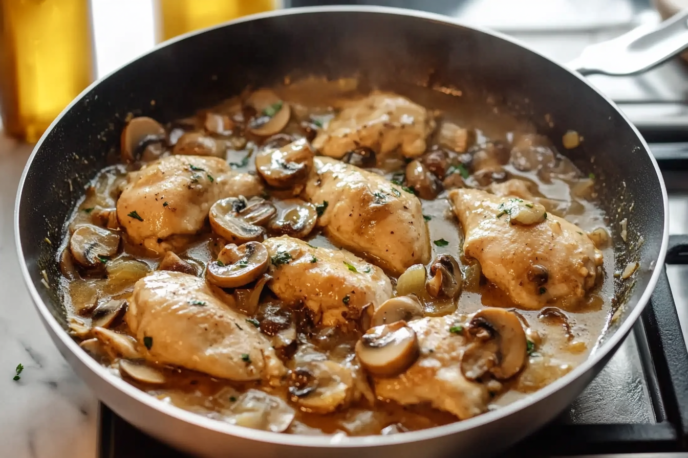 Frango na frigideira com cogumelos