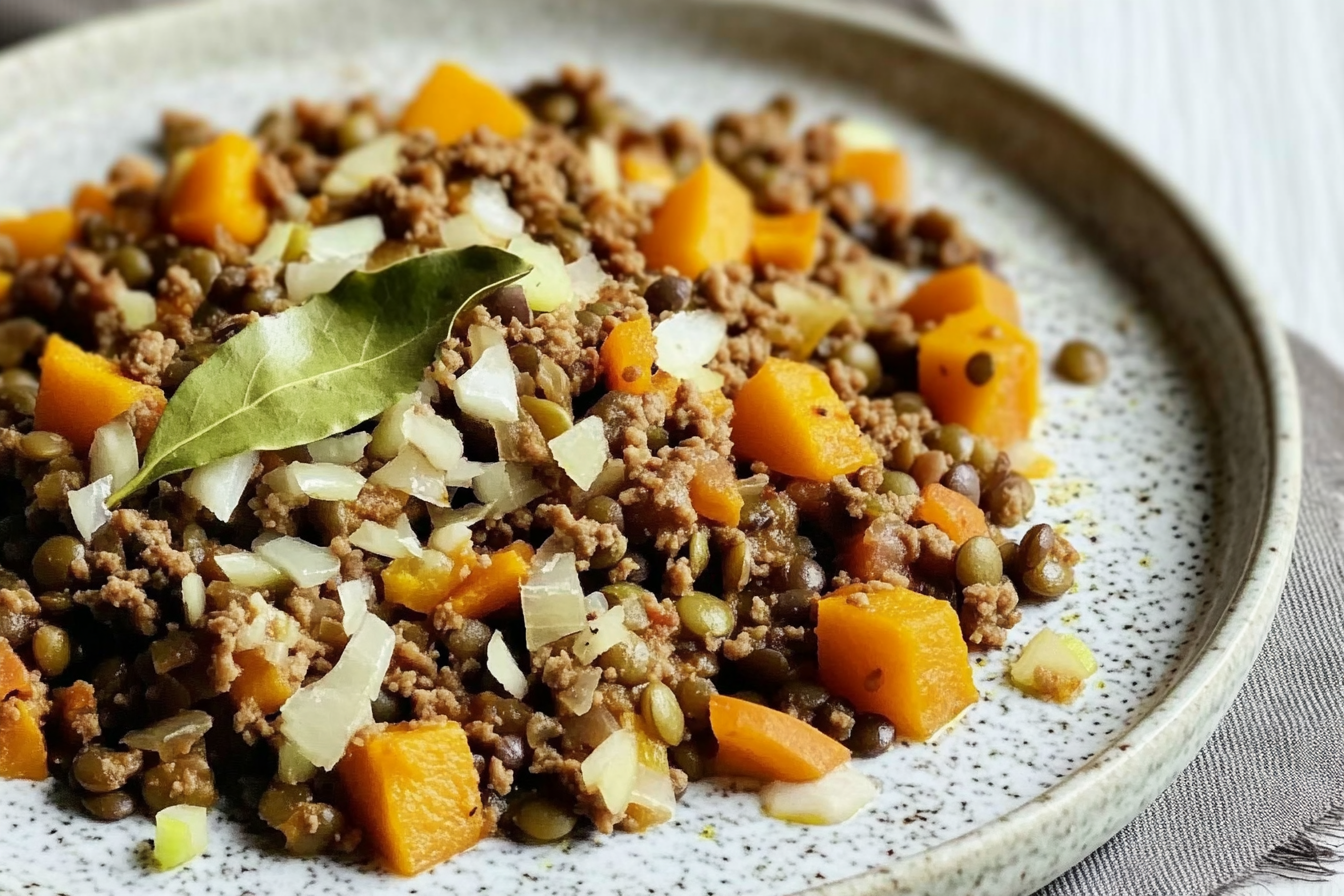 Lentejas con calabaza y carne