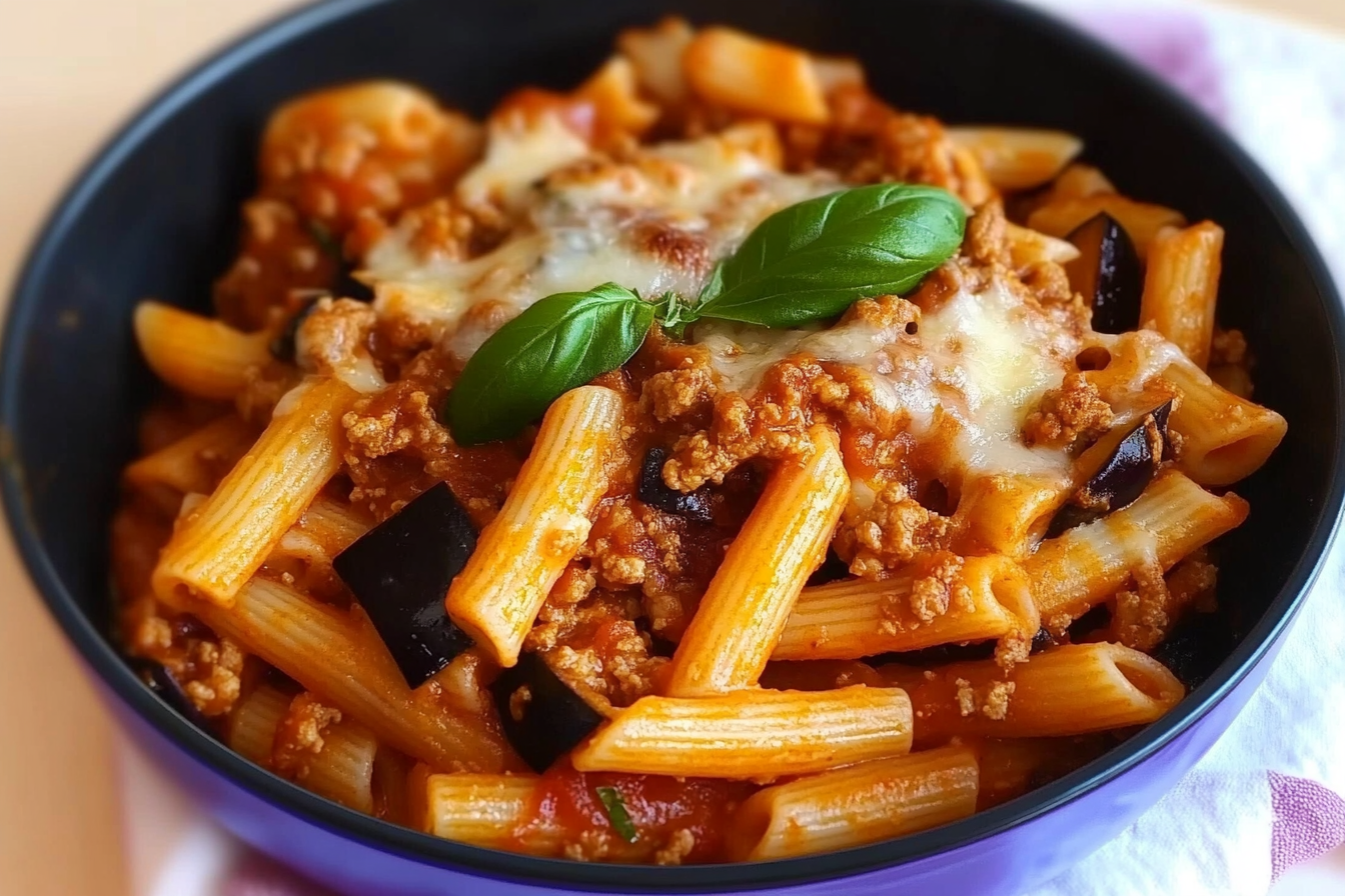 Macarrones con berenjenas y carne