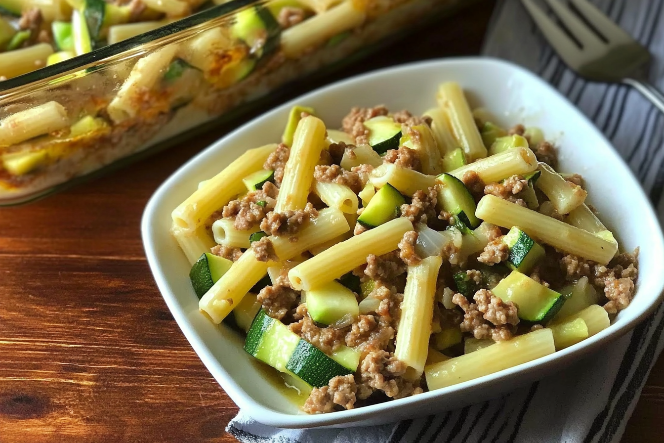 Macarrones con calabacín y carne