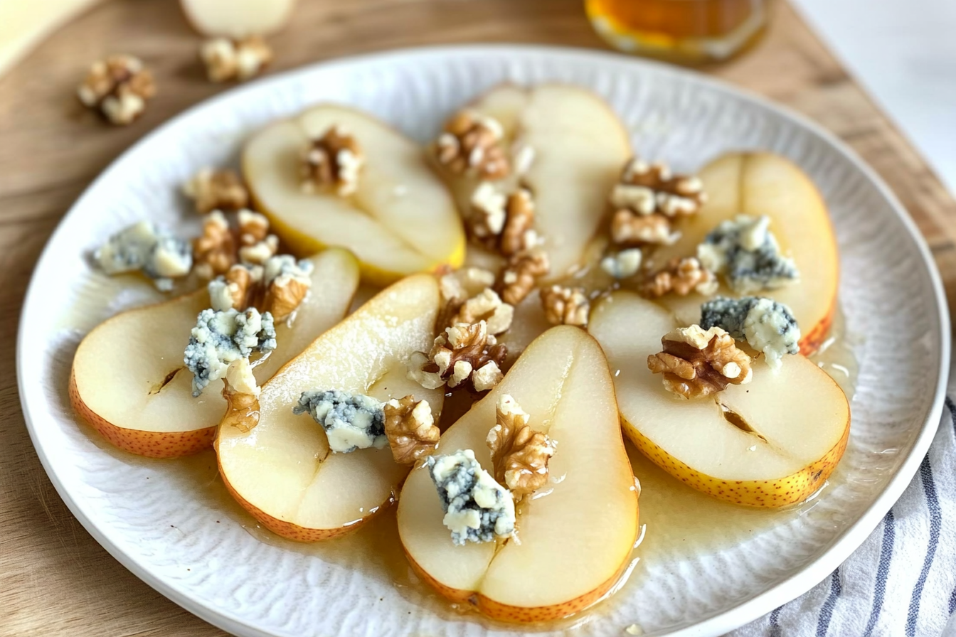 Peras com queijo azul e mel