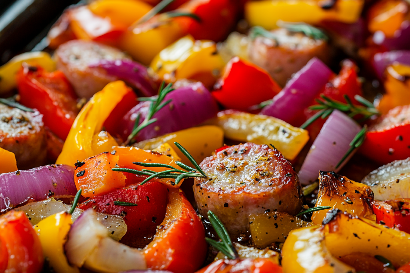 Salsichas com Verduras Assadas