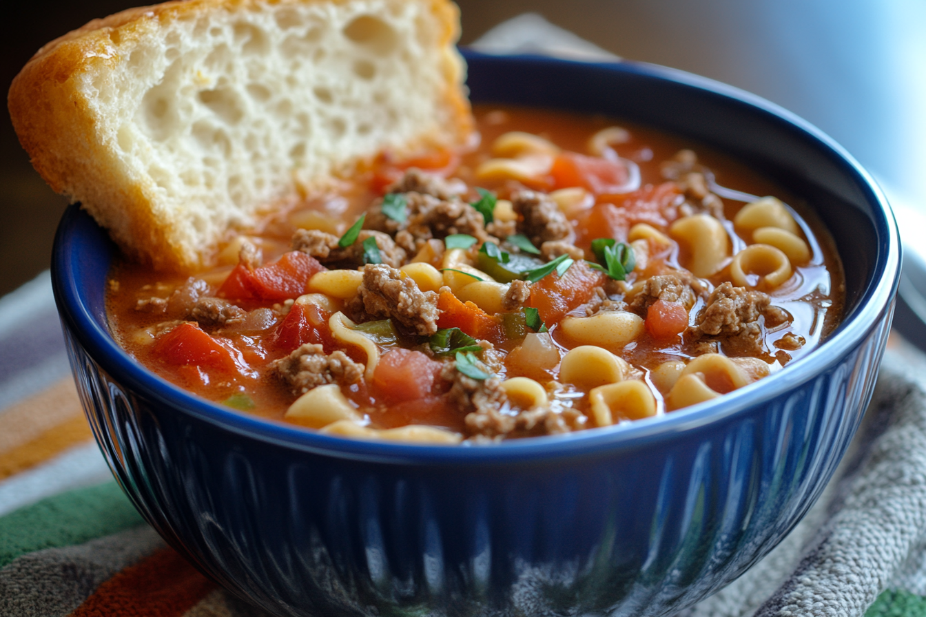 Sopa de macarrão com tomate e carne