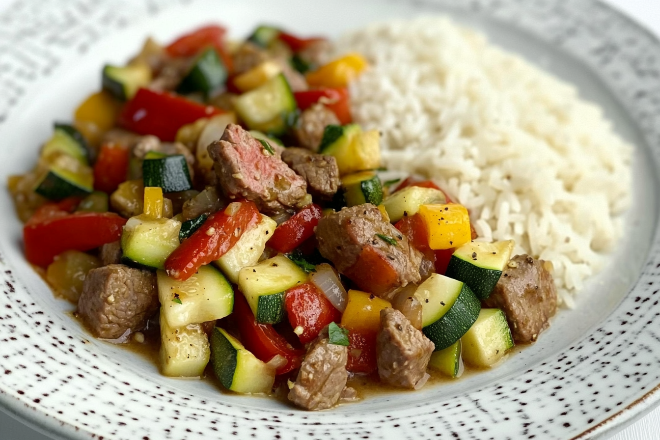 Ternera con calabacín y pimientos