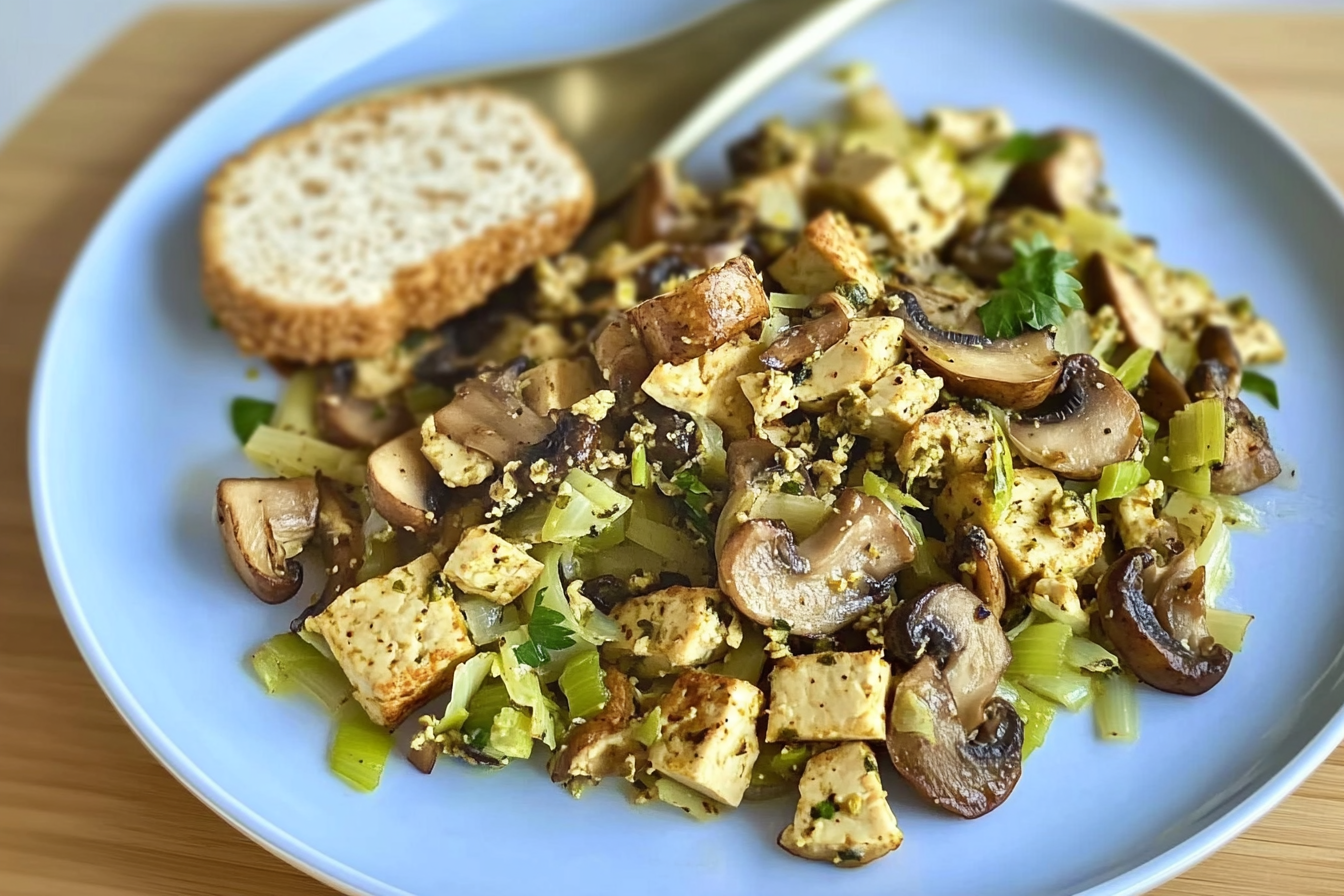 Tofu mexido com champignons e alho-poró