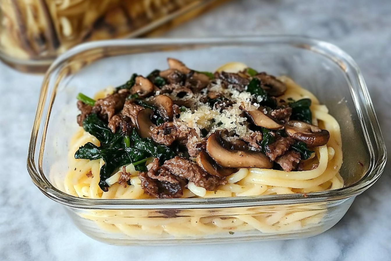 Massa com carne, espinafre e cogumelos