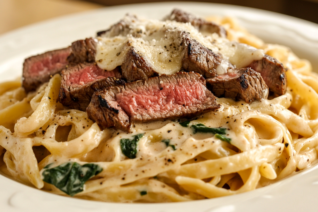 Massa cremosa com bife de alho