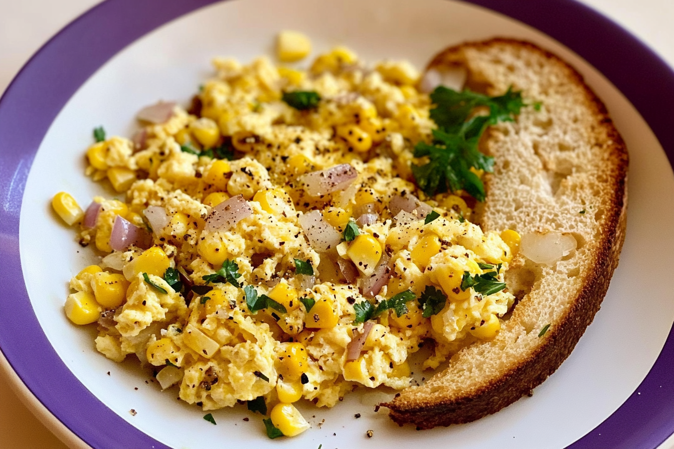 Ovos mexidos com cebola e milho