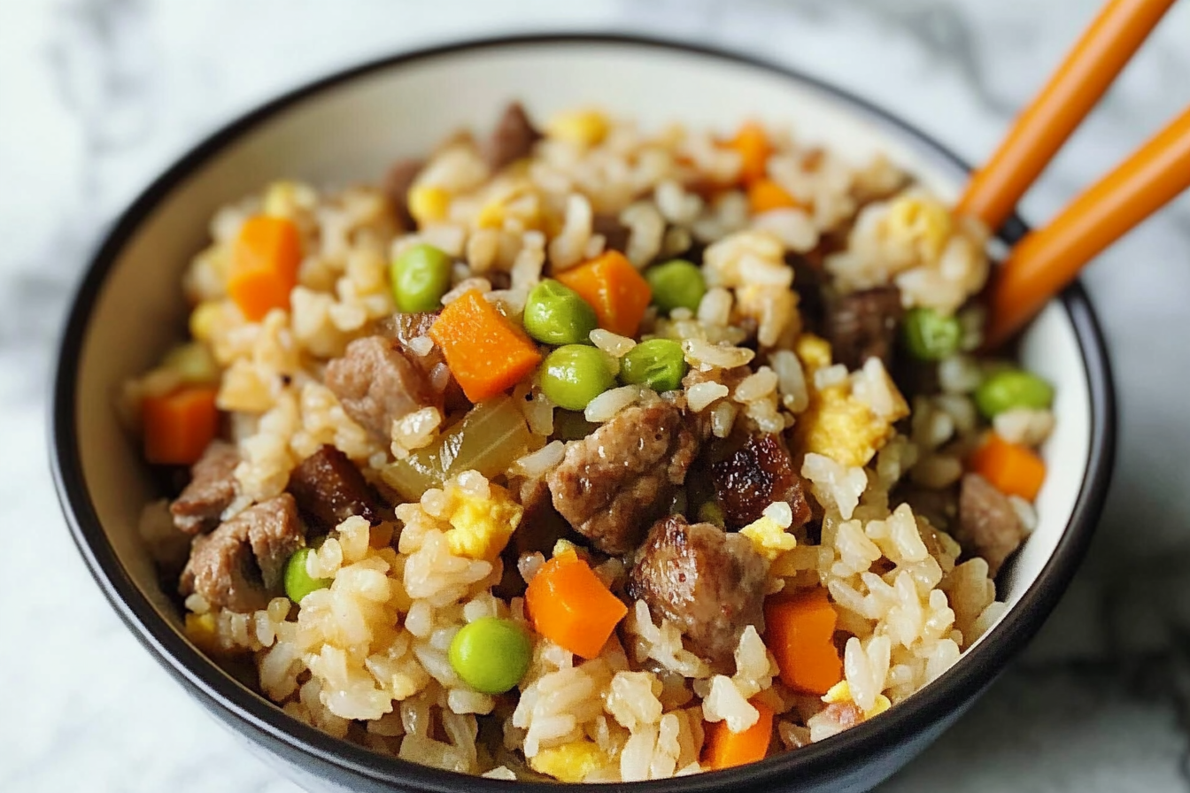Arroz frito com carne de vaca