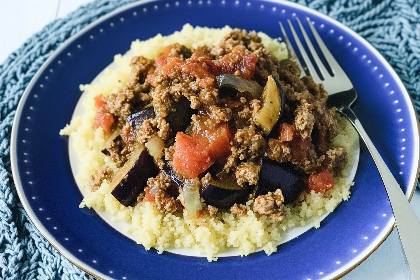 Carne picada com berenjenas e cuscús