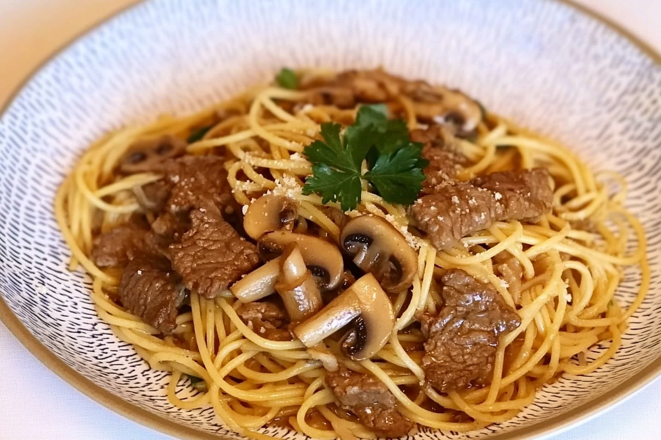 Espaguete com carne e cogumelos