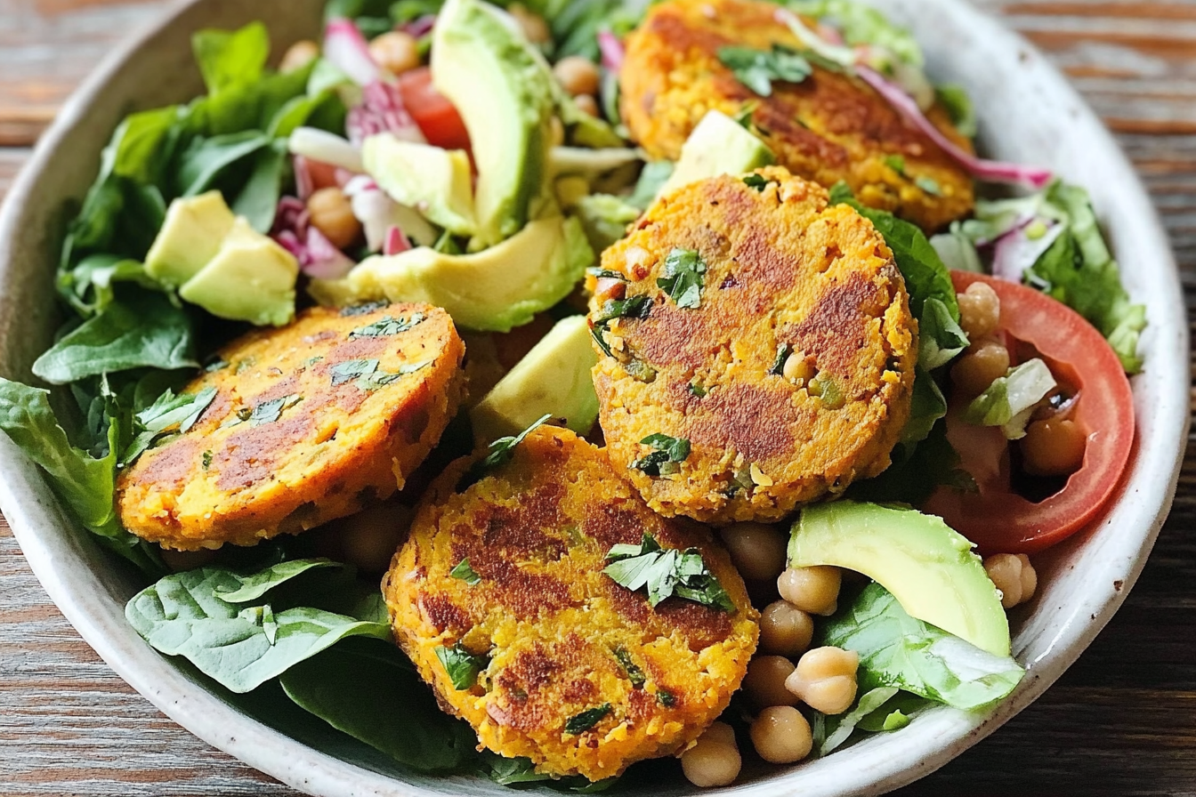 Hamburguesas de batata con ensalada