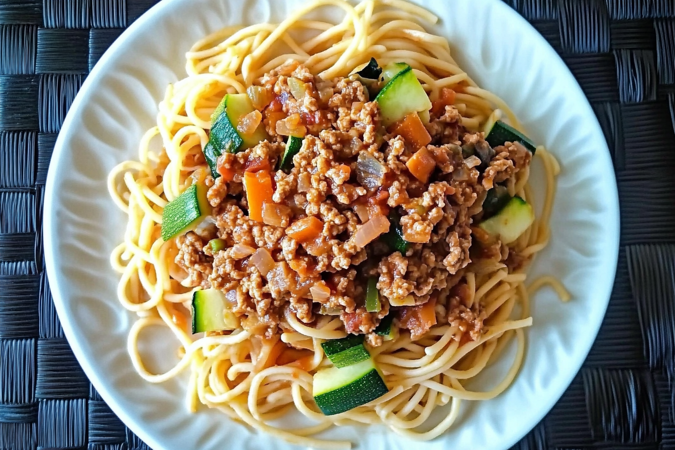 Macarrão integral com carne e verduras
