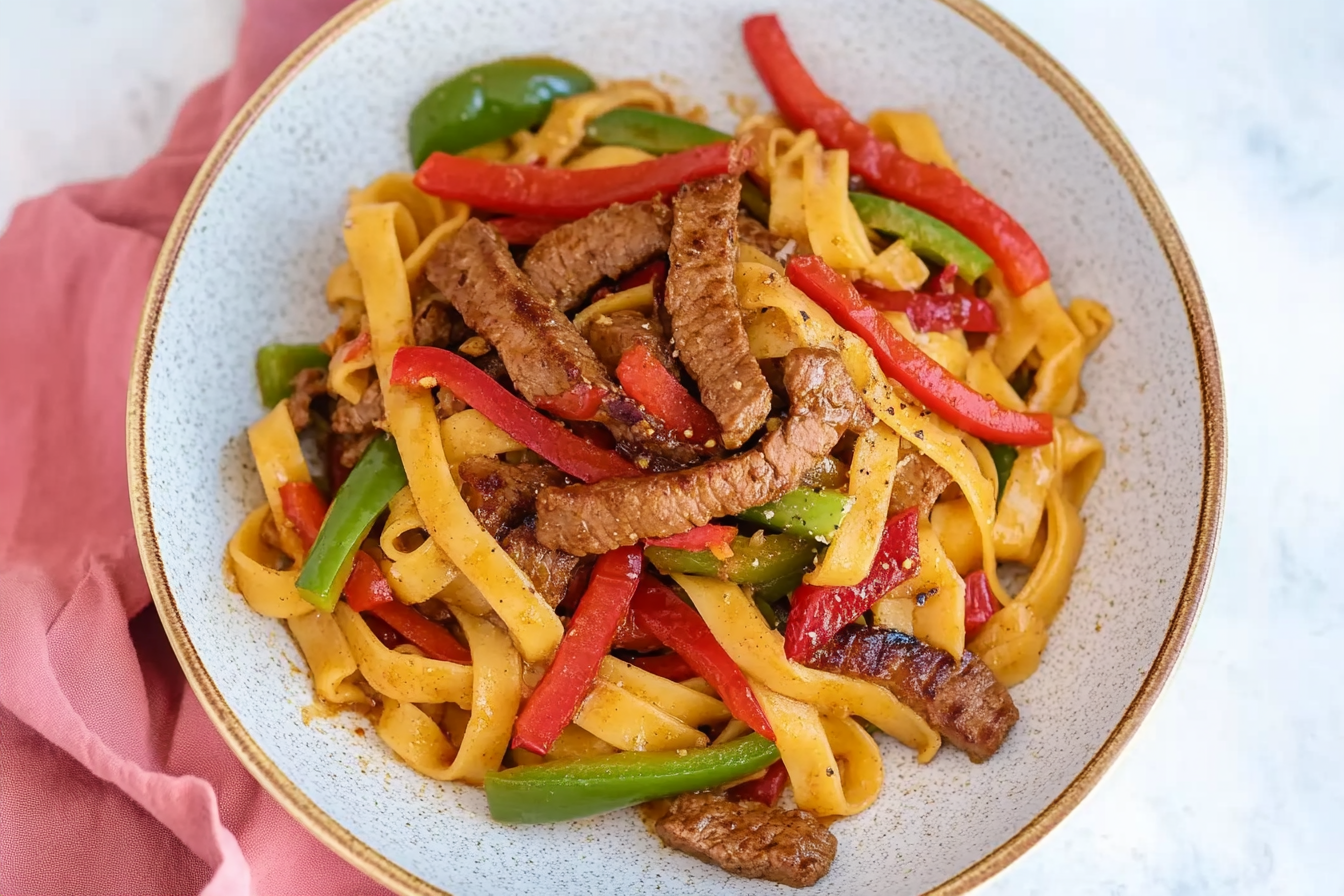 Noodles com carne e pimentos