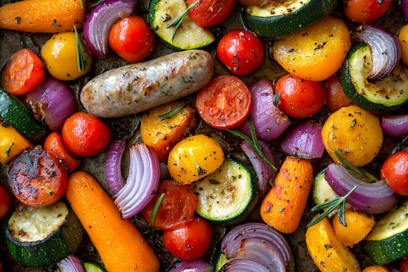 Salchichas y verduras al horno