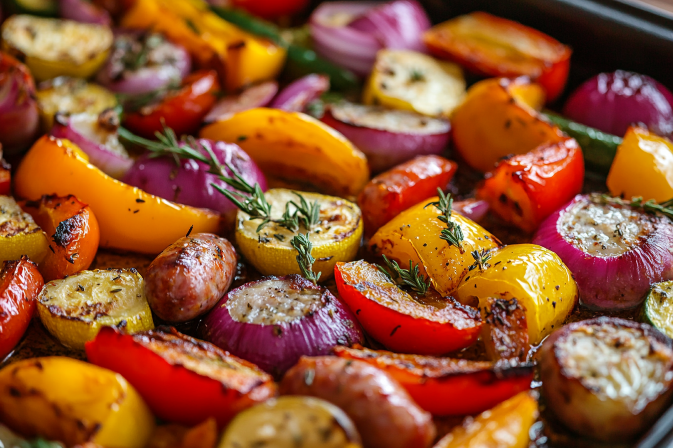 Salsichas com Verduras Assadas