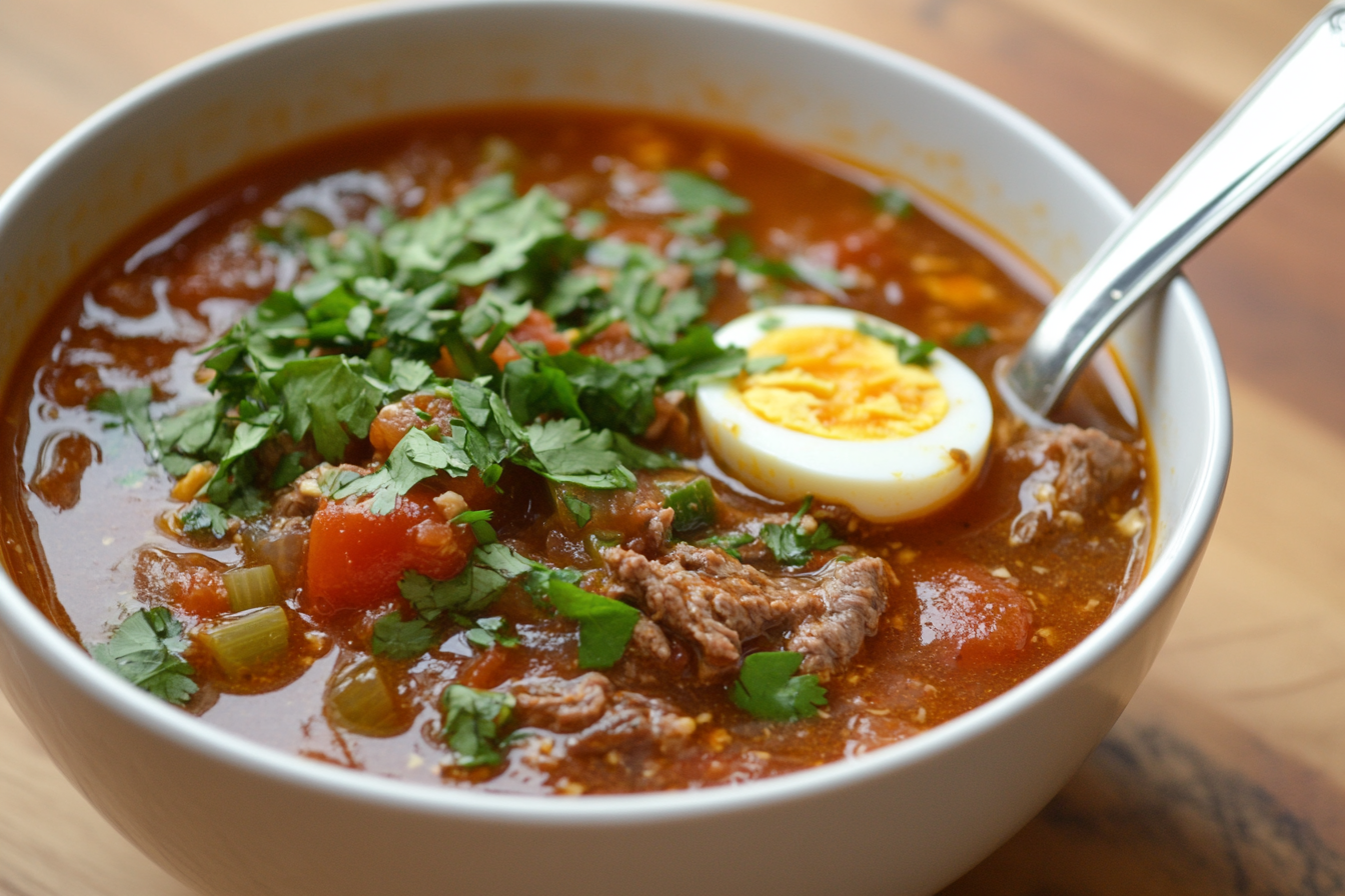 Sopa de macarrão com tomate e carne