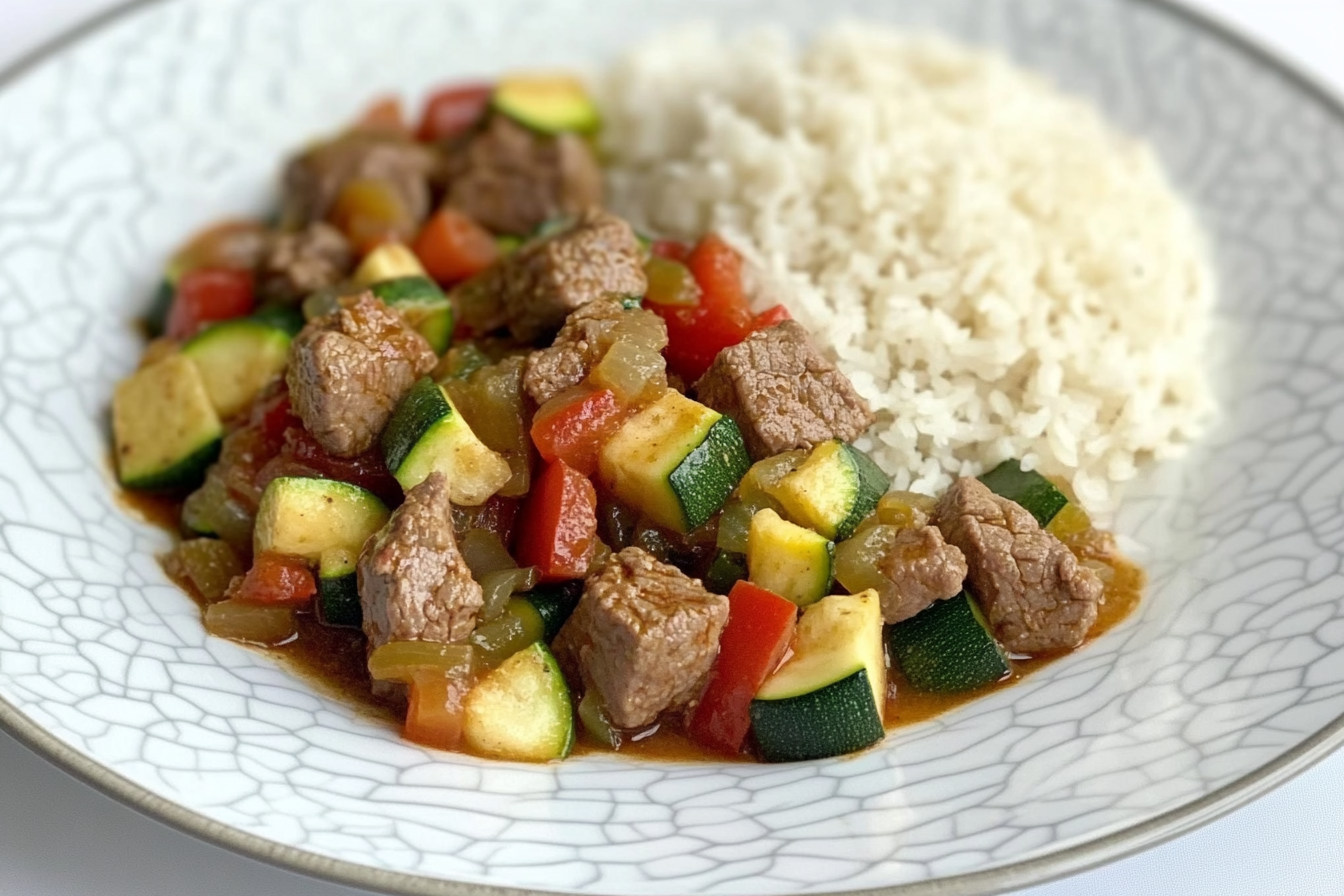 Ternera con calabacín y pimientos