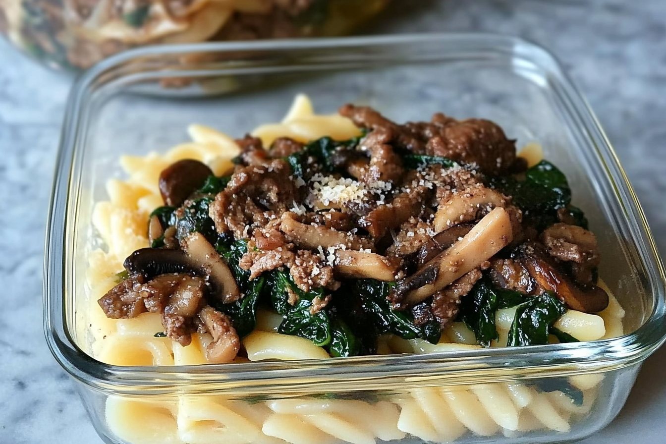 Massa com carne, espinafre e cogumelos