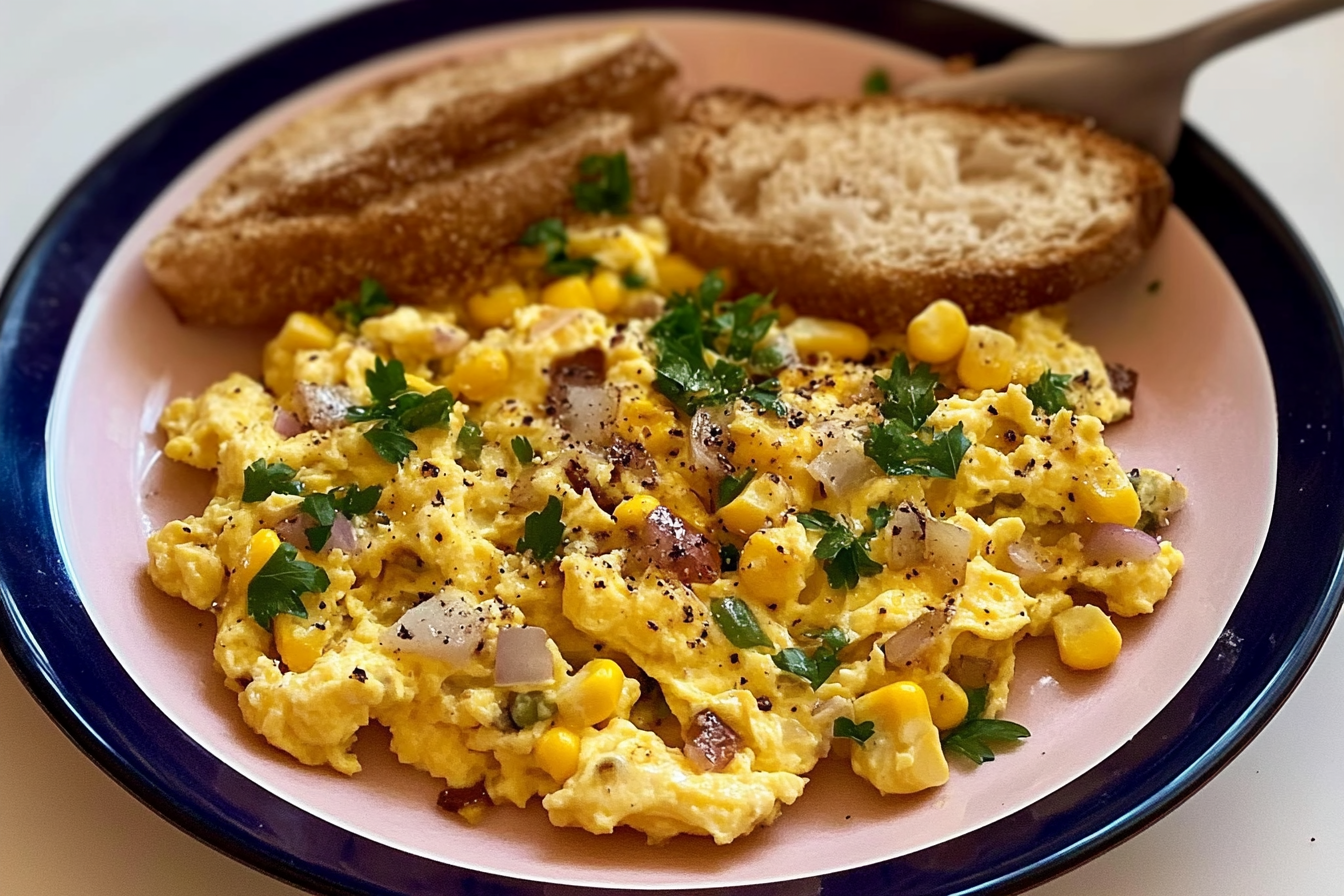 Ovos mexidos com cebola e milho