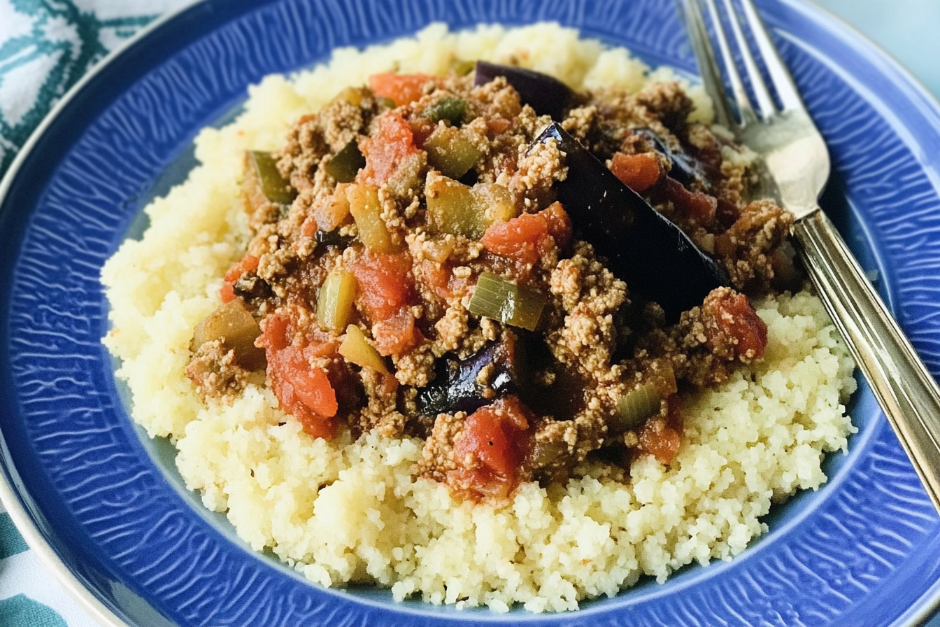 Carne picada com berenjenas e cuscús
