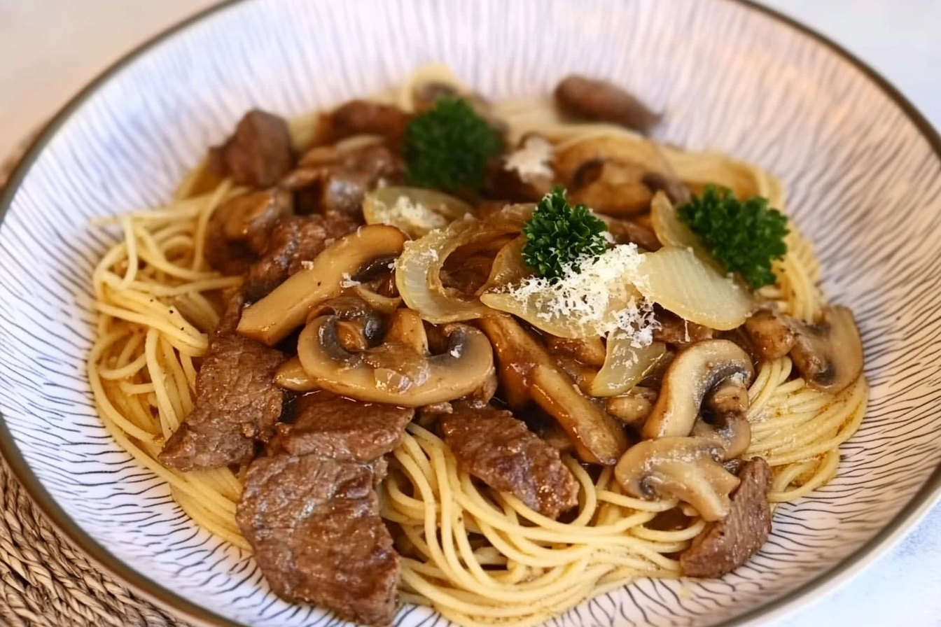 Espaguete com carne e cogumelos