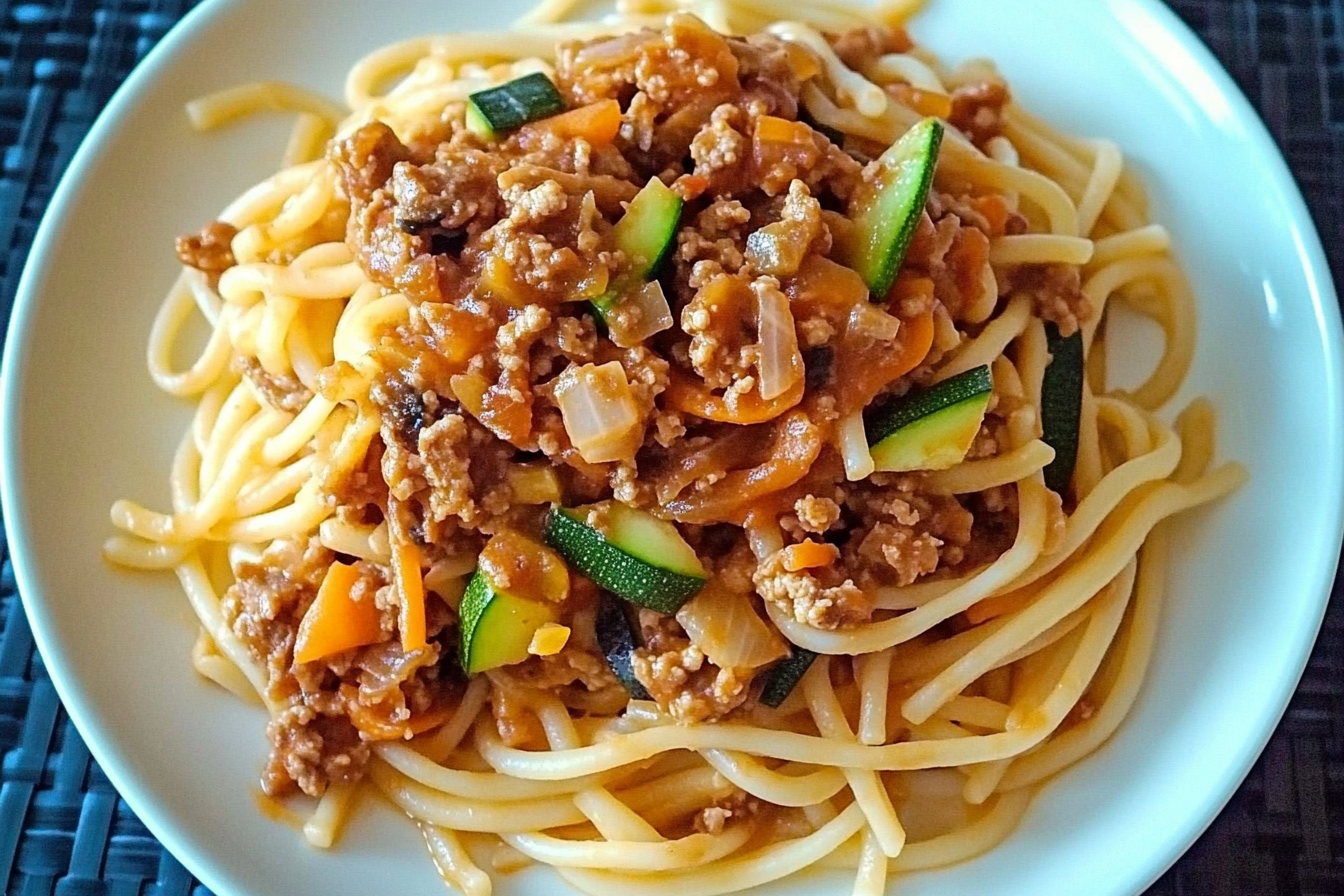 Macarrão integral com carne e verduras