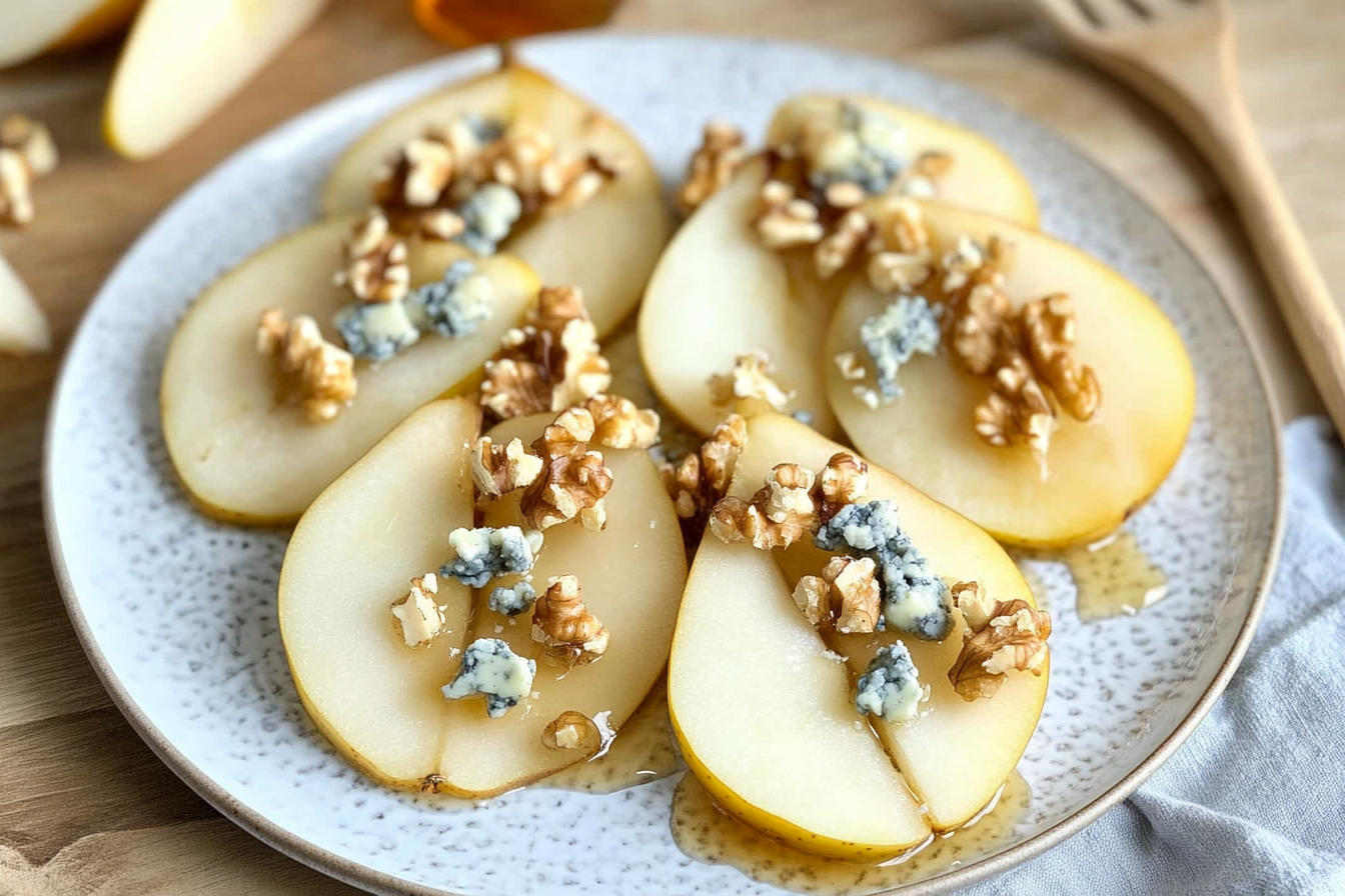 Peras com queijo azul e mel