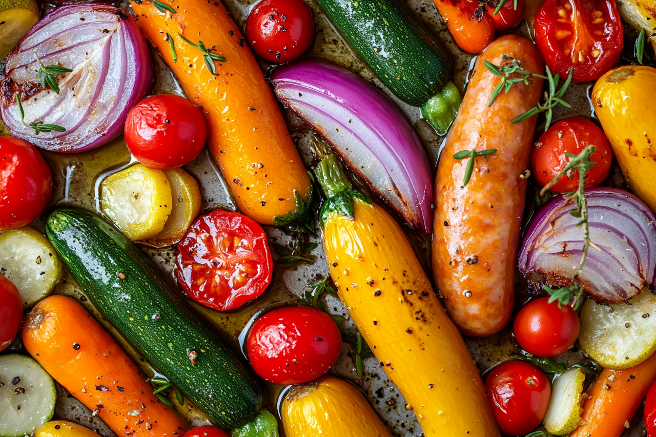 Salchichas y verduras al horno
