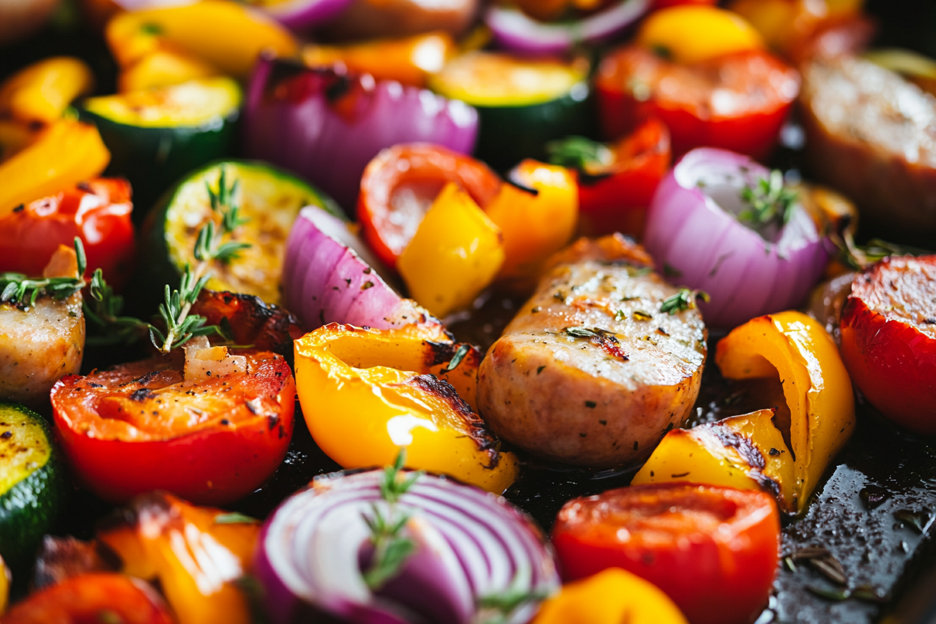 Salsichas com Verduras Assadas