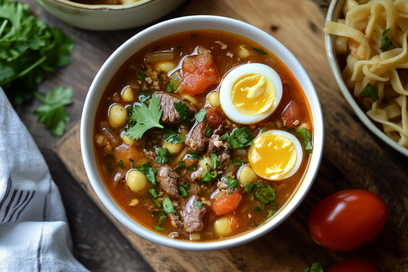 Sopa de macarrão com tomate e carne