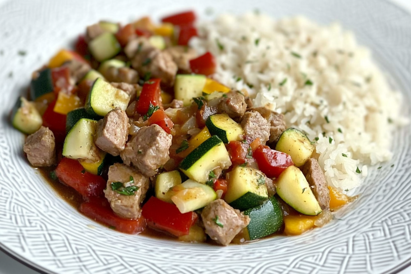Ternera con calabacín y pimientos