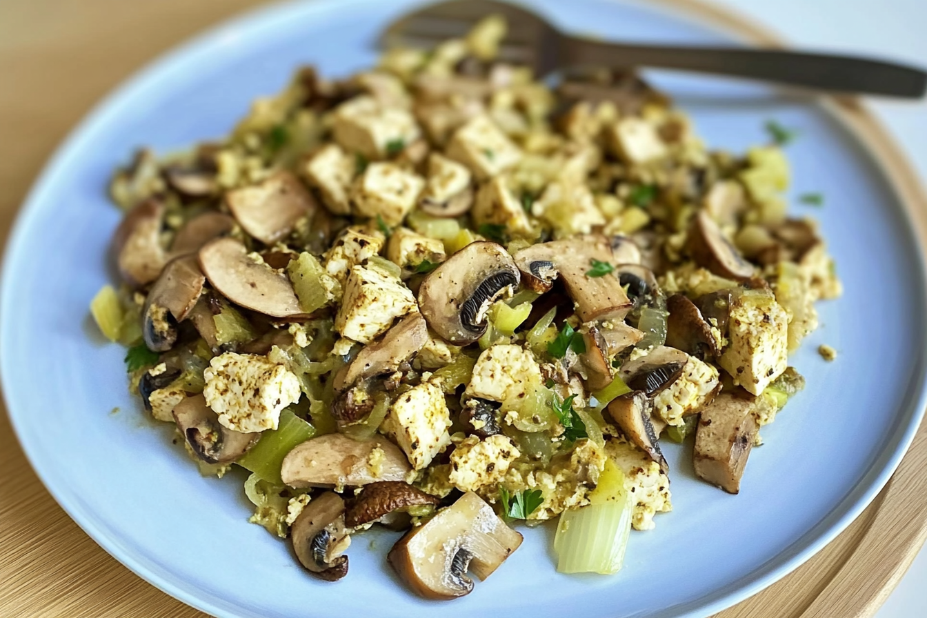 Tofu mexido com champignons e alho-poró