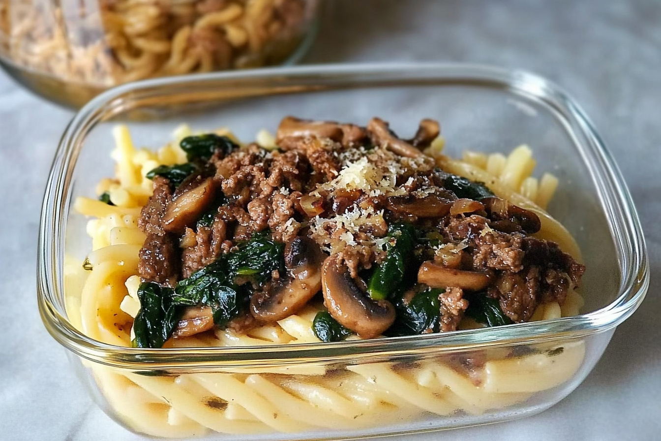 Massa com carne, espinafre e cogumelos